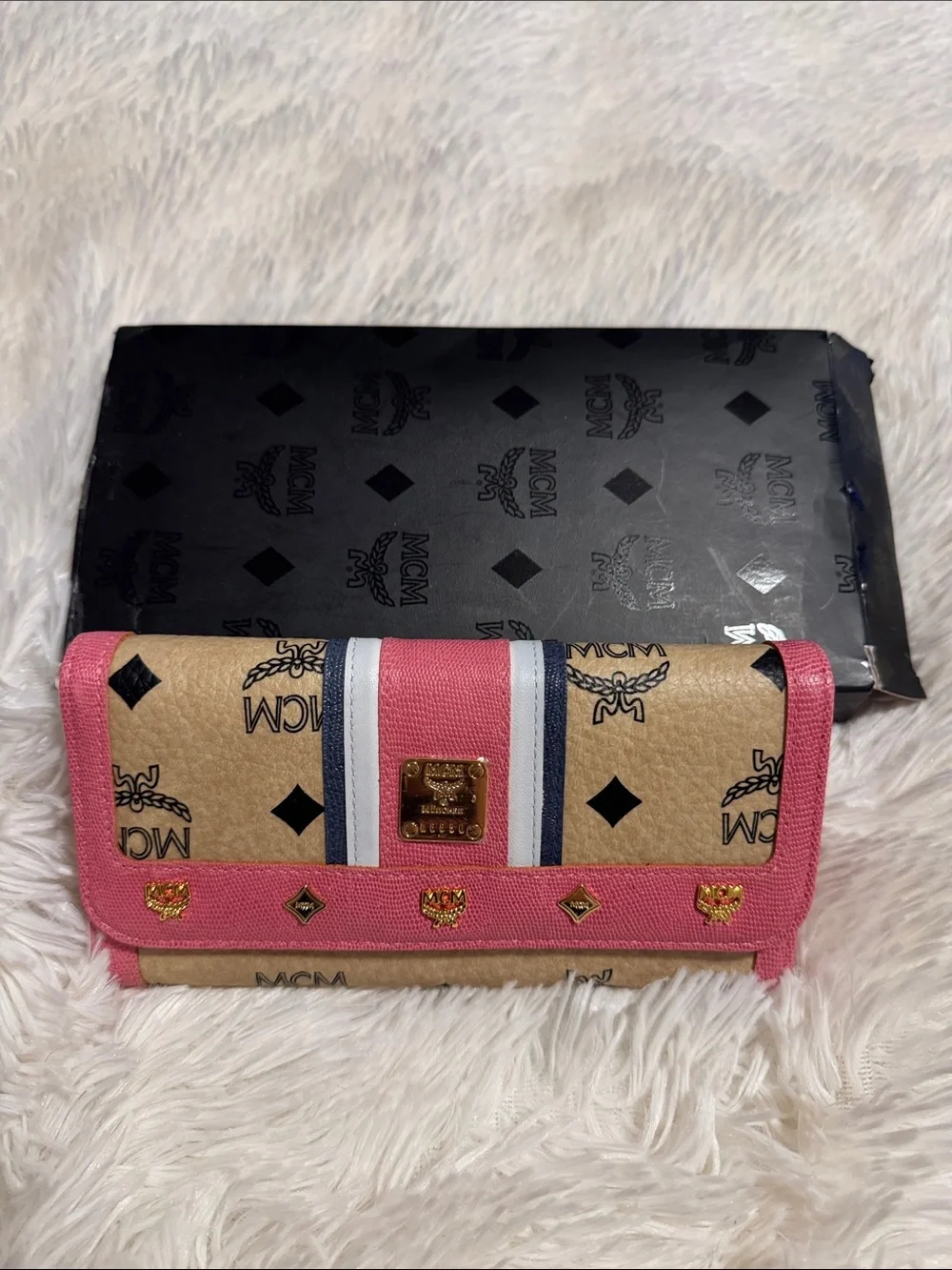 MCM Beige Monogram Long Trifold Wallet with Pink Trim and Gold Accents NWT